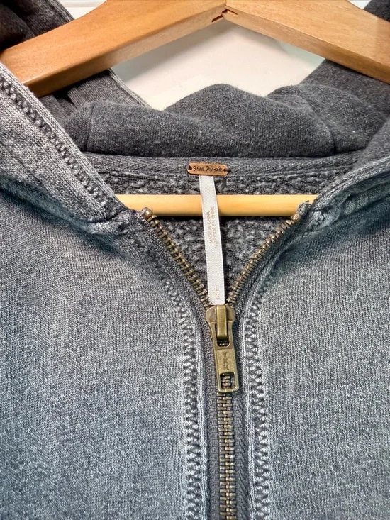Free People When Worlds Meet Hoodie Large Gray Black Distressed Zip Sweatshirt - Picture 6 of 15